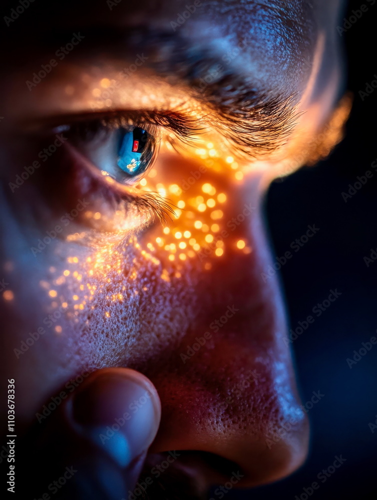 Wall mural profile view of a person unlocking a phone with facial recognition, illuminated face