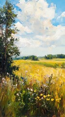 Scenic nature landscape vibrant field oil painting summer day wide angle peaceful serenity