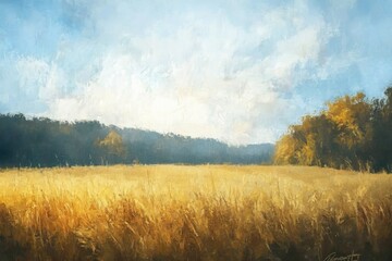 Fototapeta premium Golden wheat field countryside landscape art bright sky tranquil setting