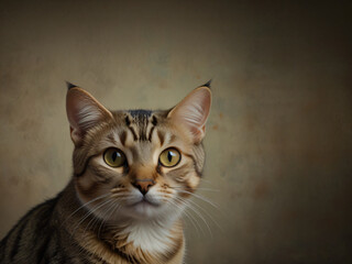 A cat sits against a plain background