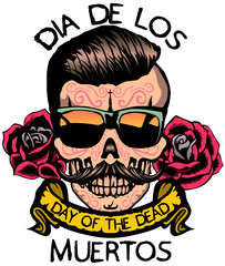 Tête de mort mexicaine à moustache hipster skull moustachu et crane mexicain lunette de soleil day of the dead dias de los muertos