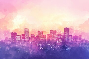 City skyline sunset urban landscape digital art vibrant colors aerial view serenity