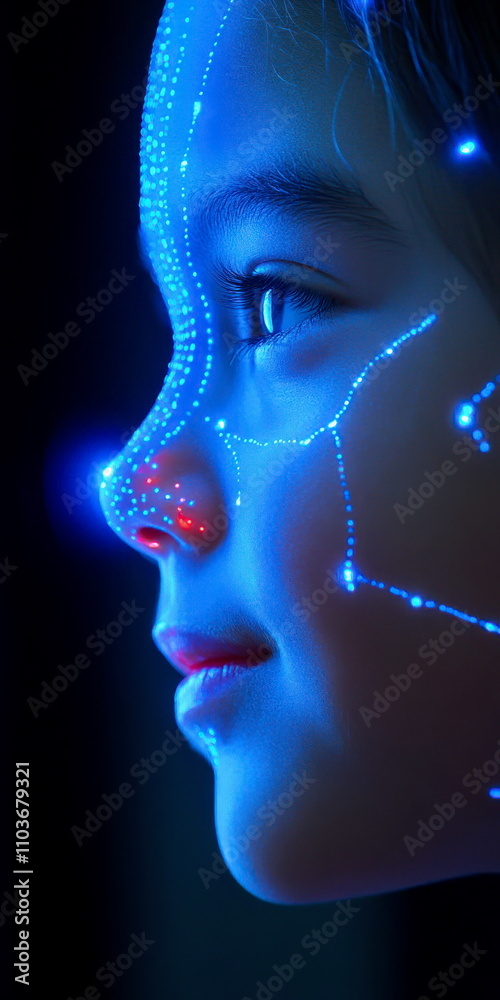 Wall mural profile view of child unlocking a device with facial recognition, close-up on screen light