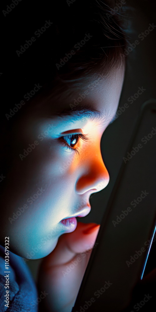 Wall mural profile view of child unlocking a device with facial recognition, close-up on screen light