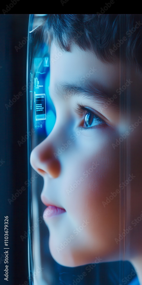 Wall mural profile view of child unlocking a device with facial recognition, close-up on screen light