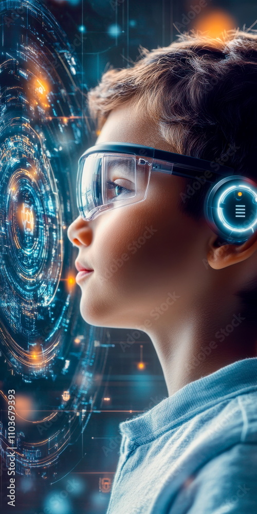 Wall mural profile view of child unlocking a device with facial recognition, close-up on screen light