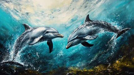 Obraz premium Two dolphins swimming side by side in crystal-clear water, their fins breaking the surface, playful energy captured in a vibrant marine environment