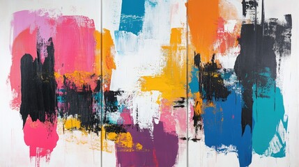 Vibrant triptych artwork with bold brushstrokes and striking colors on three vertical wooden panels against a white background showcasing abstract composition.
