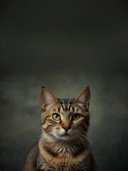 A cat sits against a plain background