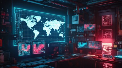 A network of holographic world maps with glowing connections, suspended in a dark tech lab; cyberpunk style, neon blue and magenta tones, ultra-detailed 
