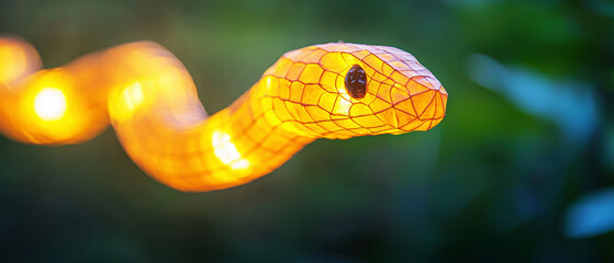 Fototapeta premium A glowing, decorative snake-shaped light illuminates a vibrant green background, creating a whimsical and enchanting atmosphere.