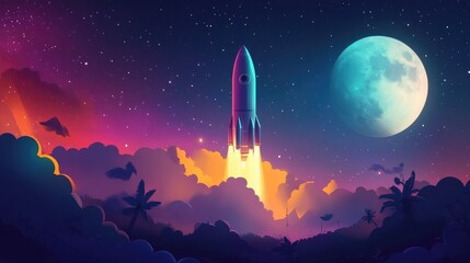 Naklejka premium Rocket ship ascends into a starry night sky with a full moon, illuminating colorful clouds as it embarks on an interplanetary exploration adventure.