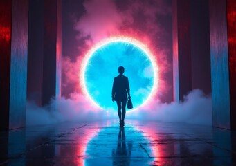 Fototapeta premium Silhouette of a person walking through a glowing portal in a vibrant misty environment