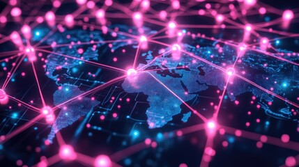 Obraz premium A network of holographic world maps with glowing connections, suspended in a dark tech lab; cyberpunk style, neon blue and magenta tones, ultra-detailed 