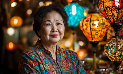 Obraz premium Elderly Woman with Traditional Lanterns