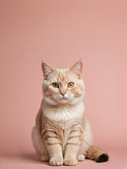 A cat sits against a plain background