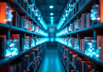 Fototapeta premium Rows of illuminated bookshelves create a serene atmosphere in a library at night