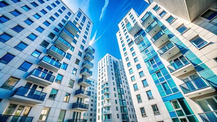 Macro Photography of Modern White Apartment Buildings with Blue Blocks in Lasnamae District, Tallinn, Estonia, Showcasing Architectural Design and Urban Living in March 2024
