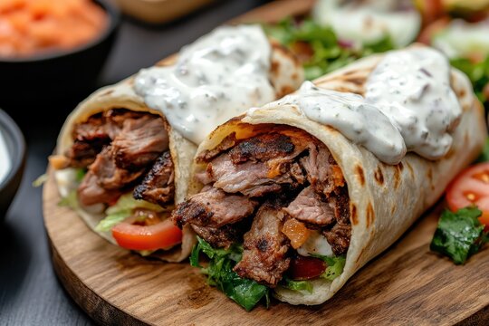 Fresh beef shawarma wrap with grilled meat salad and white sauce in a tortilla or lavash