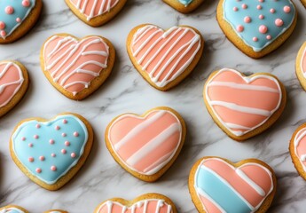 Colorful Decorative Heart-Shaped Cookies with Icing on Marble Surface Perfect for Celebrations, Parties, and Special Occasions, Great for Gifts and Treats
