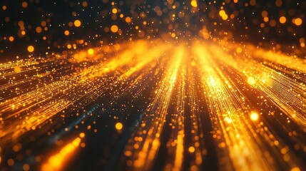 Fototapeta premium This image captures a cascade of golden glowing dots arranged in luminescent strands, evoking a sense of wonder and the ethereal beauty of light in motion.