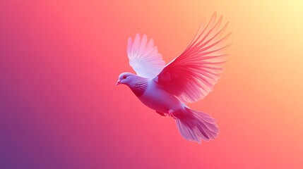 An elegant dove with outstretched wings soars gracefully across a vibrant sunset gradient background, symbolizing freedom, peace, and grace in a harmonious setting.