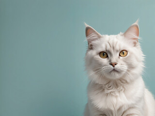 A cat sits against a plain background