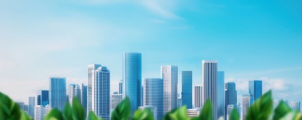 A vibrant city skyline under a clear blue sky, framed by lush greenery in the foreground, showcasing modern architecture.
