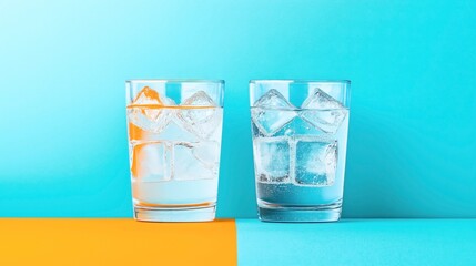 Two glasses with ice cubes on a vibrant blue and orange split background, reflecting a minimalist and colorful composition.