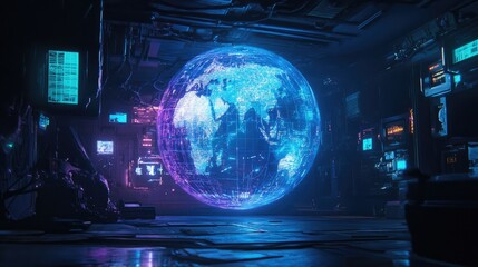 Obraz premium A holographic globe projected in a dark room, surrounded by abstract floating UI elements; cybernetic theme, blue and purple lights, high detail 