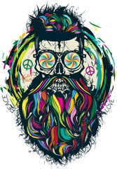 Tête de mort à moustache et barbe hipster skull moustachu et crane barbu peace and love 
