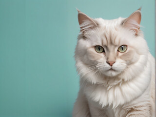 A cat sits against a plain background