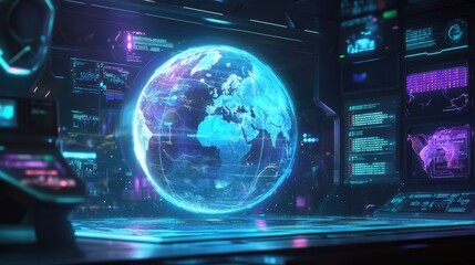 Fototapeta premium A holographic globe projected in a dark room, surrounded by abstract floating UI elements; cybernetic theme, blue and purple lights, high detail 