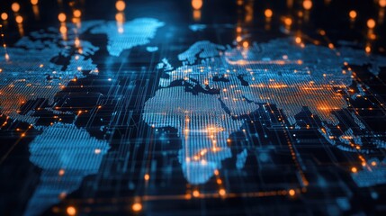 Fototapeta premium Global semiconductor supply chain dynamics highlighted through illuminated circuit map visuals, blending technology with geopolitical themes.