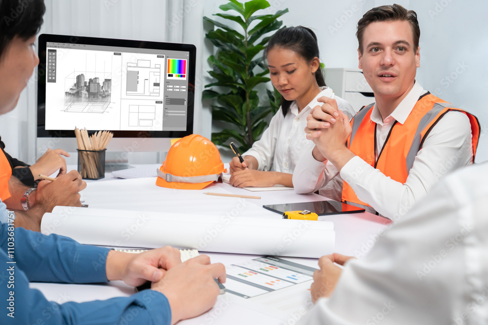 Poster diverse group of civil engineer and client working together on architectural project, reviewing cons