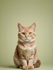 A cat sits against a plain background