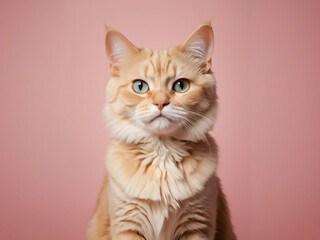 A cat sits against a plain background