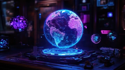 A holographic globe projected in a dark room, surrounded by abstract floating UI elements; cybernetic theme, blue and purple lights, high detail 