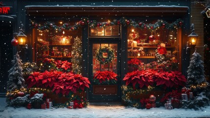 Obraz premium Holiday flower shop display with poinsettias and pine wreaths