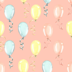 Obraz premium Balloons are multicolored on a white background with ribbons. Watercolor illustration. Seamless pattern from a large set of HAPPY BIRTHDAY. For fabric, textiles, wrapping paper, wrappers, postcards.