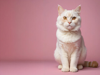 A cat sits against a plain background