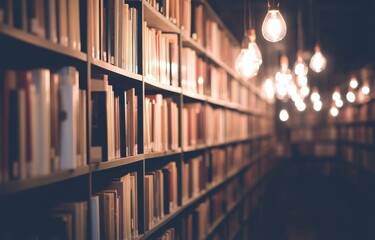 Obraz premium Cozy Library with Warm Lights and Rows of Books Creating an Inviting Atmosphere for Readers and Study Enthusiasts in a Vintage Setting