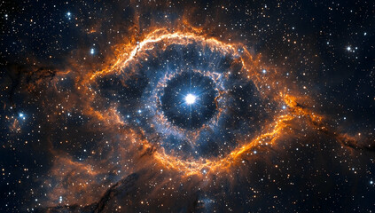 The Eye of God, a huge nebula in the shape of an eye floating among stars. The Helix Nebula, a double ring with bright blue