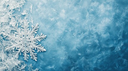 Intricate white snowflake on soft pastel blue background