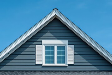 Gabled luxury home in the USA with gray vinyl siding white framed double hung window and vinyl shutters on a pitched roof attic