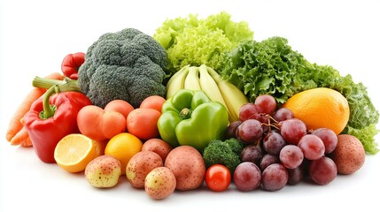 A lush assortment of fresh fruits and vegetables is artistically arranged on a white background, highlighting the vivid colors and natural textures of the produce.