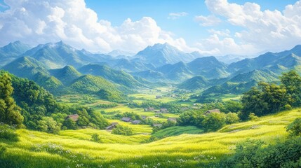 Fototapeta premium Lush meadows and rolling mountains under a bright sky, depicting serene rural landscapes perfect for travel and agricultural tourism.