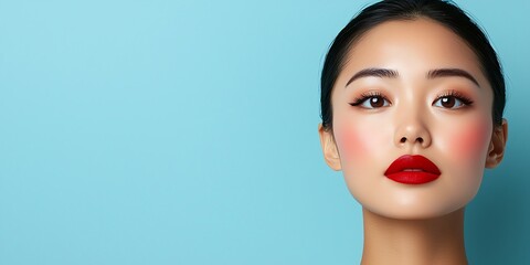 A towering billboard with an image of a cosmetics model with soft, glowing skin, positioned on the far left, with open space on the right for customizable text 