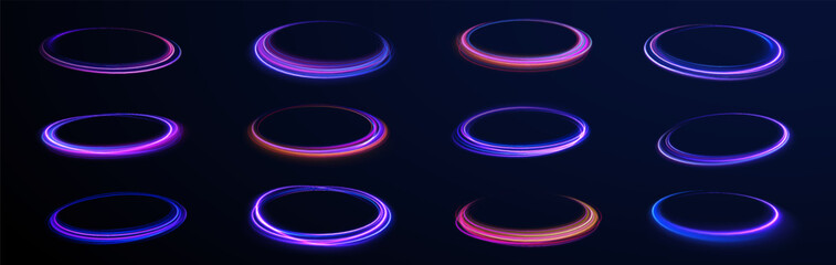 Shiny sparks of spiral wave. Png shine round frame with light circles light effect. Semicircular wave, light trail curve swirl, incandescent optical fiber vector, png, effect, wave,neon,line.