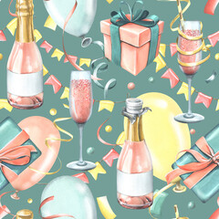 Festive balloons, gifts, champagne in glasses and bottles, confetti and flag garlands. Watercolor illustration hand drawn. Seamless pattern for design of congratulations on turquoise background
